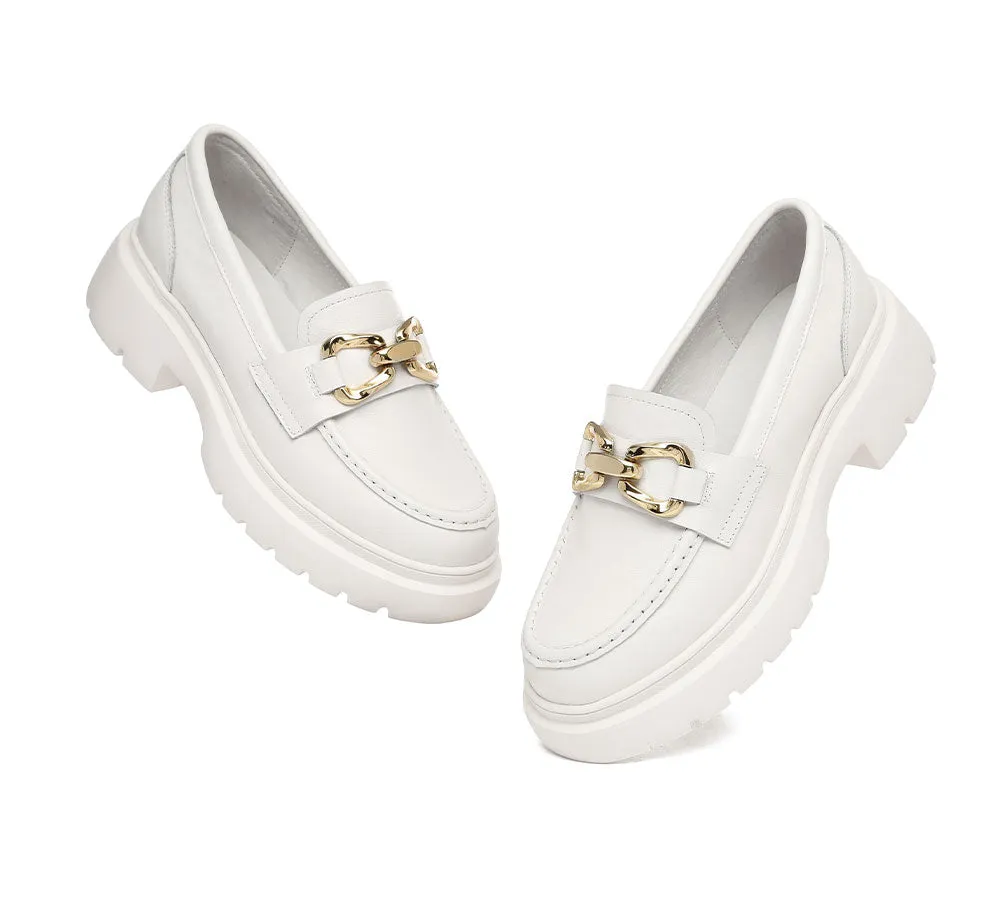 Women Leather Gold Buckle Platform Chunky Loafers Della