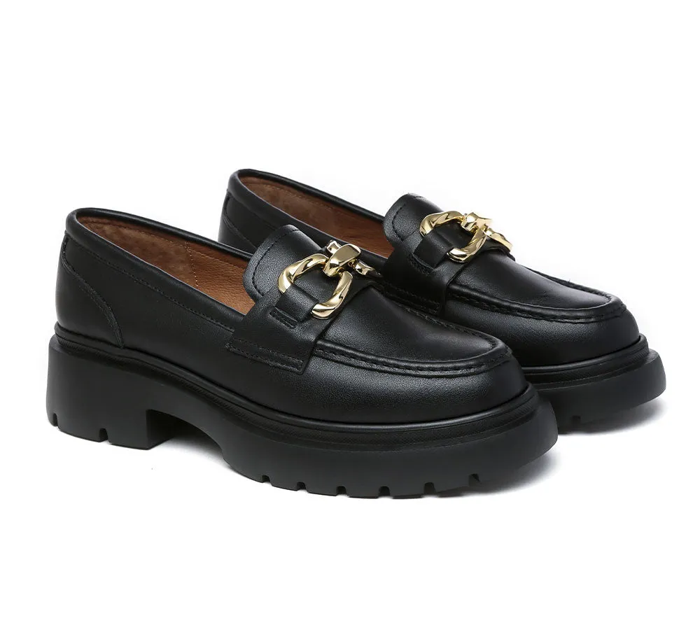 Women Leather Gold Buckle Platform Chunky Loafers Della