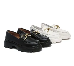 Women Leather Gold Buckle Platform Chunky Loafers Della