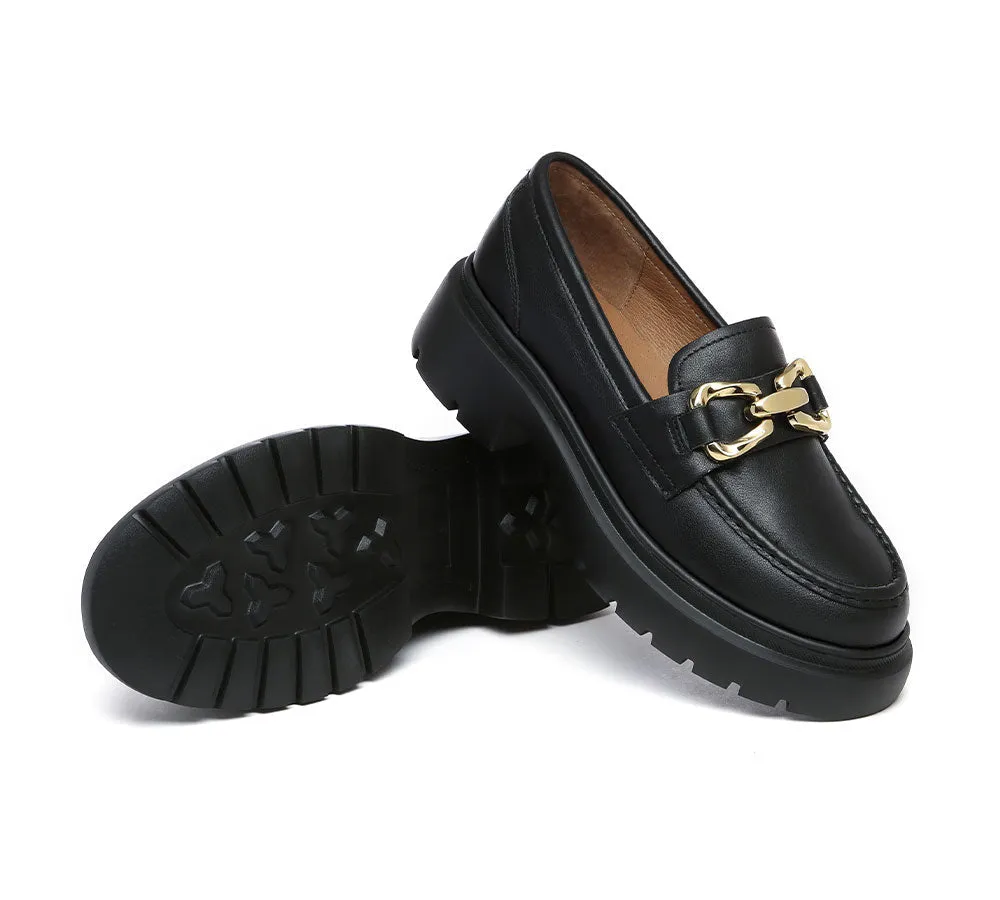 Women Leather Gold Buckle Platform Chunky Loafers Della
