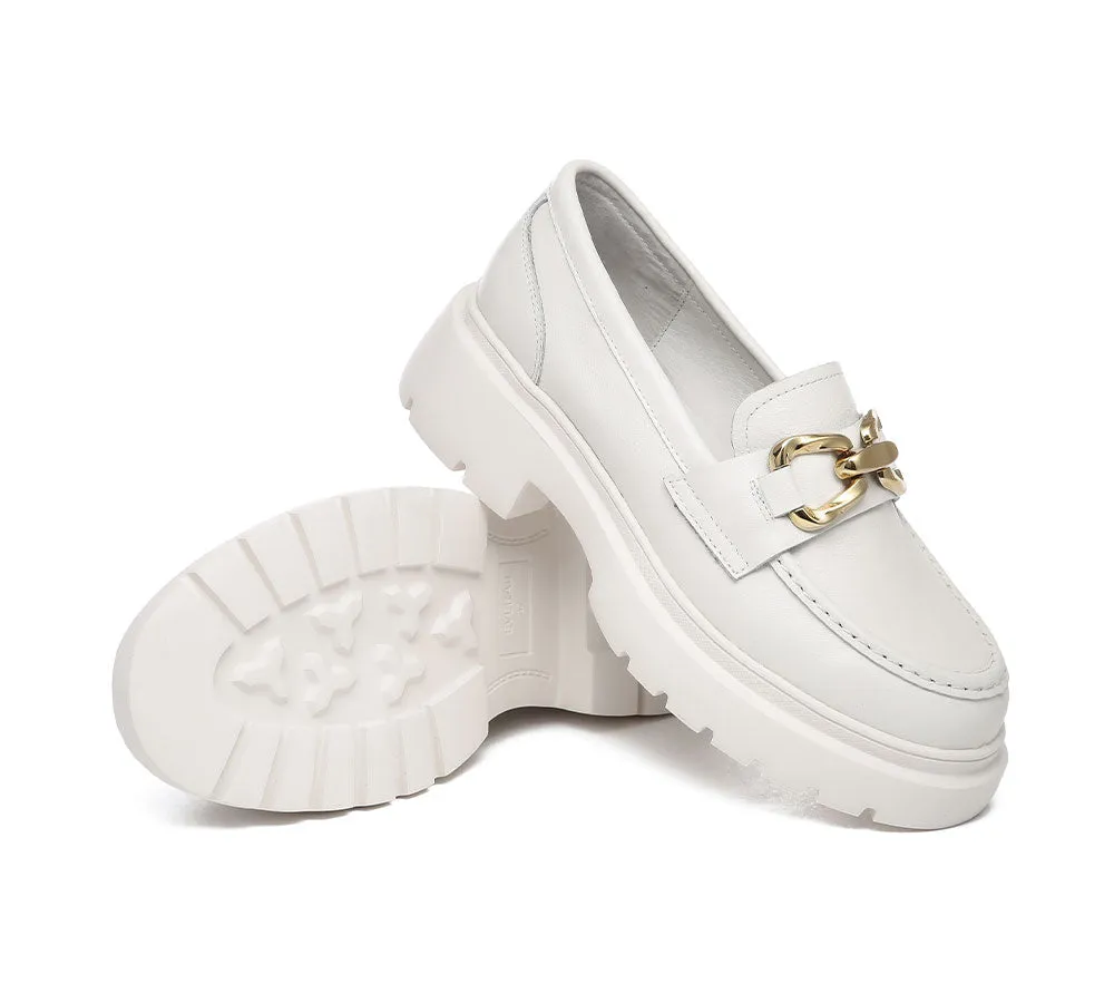 Women Leather Gold Buckle Platform Chunky Loafers Della
