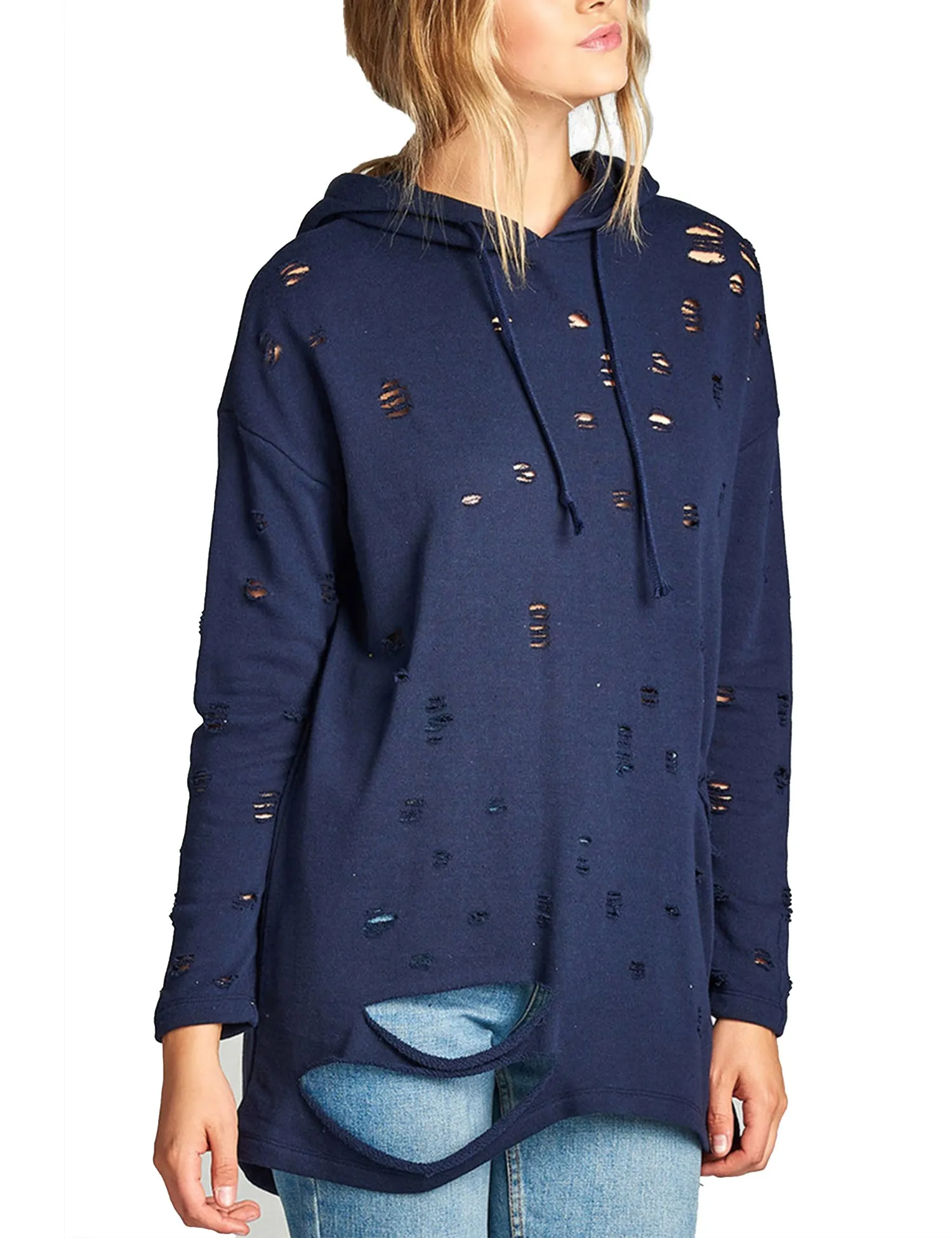 Womens Long Sleeve Distress with Drawstring French Terry Hoodie Tunic Top