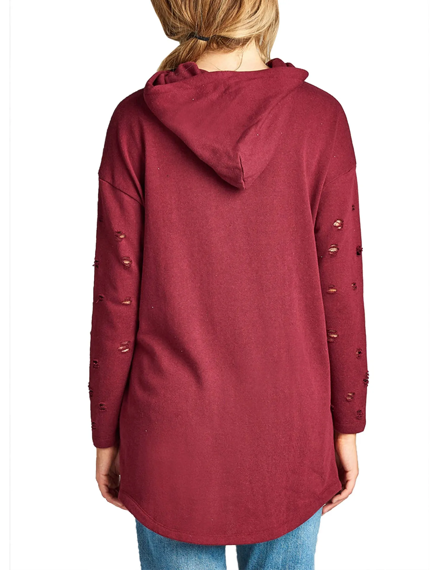Womens Long Sleeve Distress with Drawstring French Terry Hoodie Tunic Top