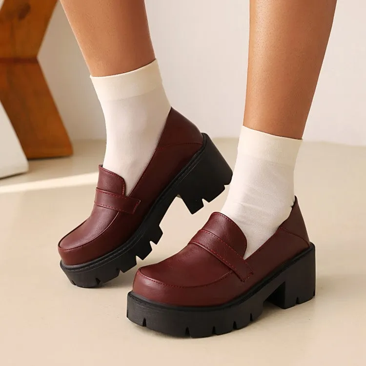 Women's Round Toe Shallow Block Chunky Heel Platform Loafers