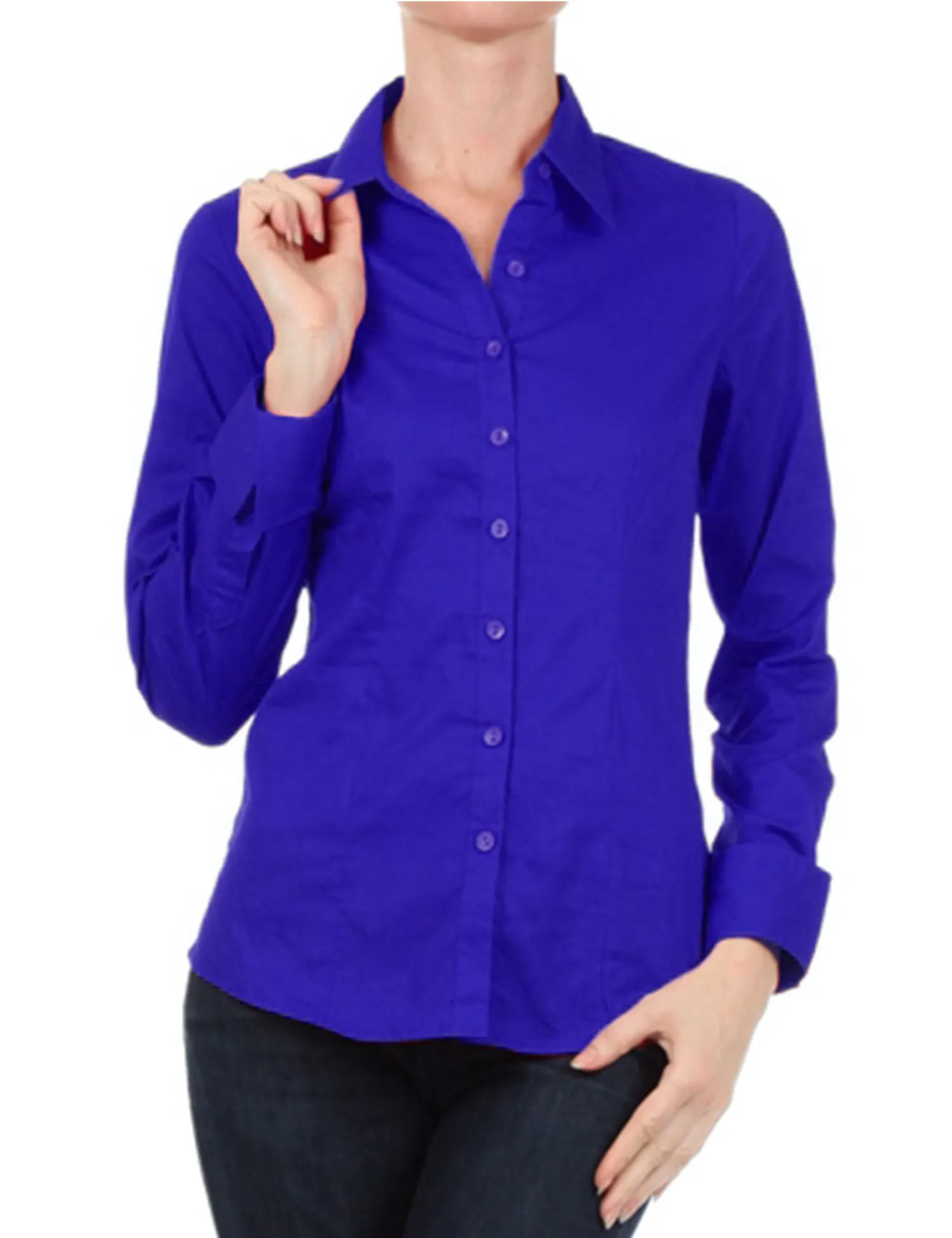 Women's Solid Long Sleeve Button Down Office Blouse Dress Shirt (S-3X)