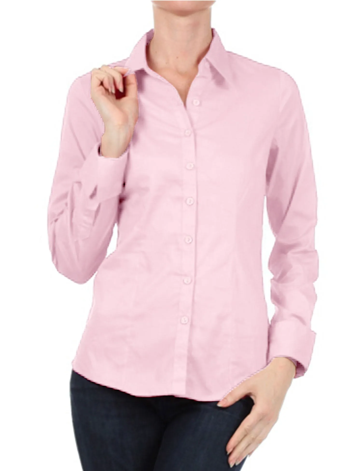 Women's Solid Long Sleeve Button Down Office Blouse Dress Shirt (S-3X)