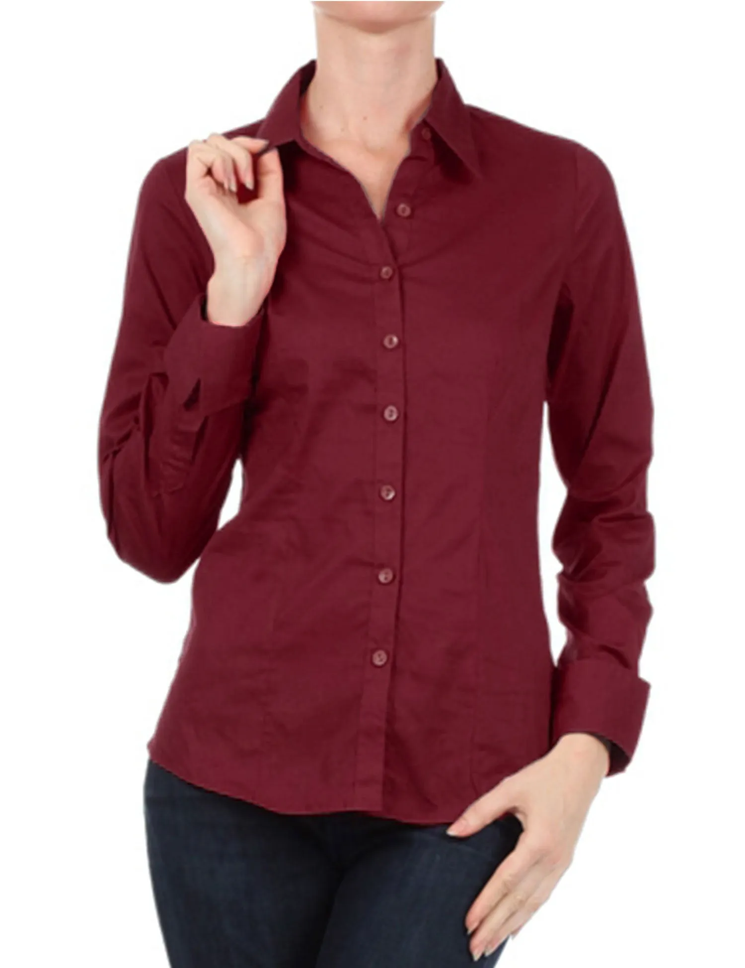 Women's Solid Long Sleeve Button Down Office Blouse Dress Shirt (S-3X)