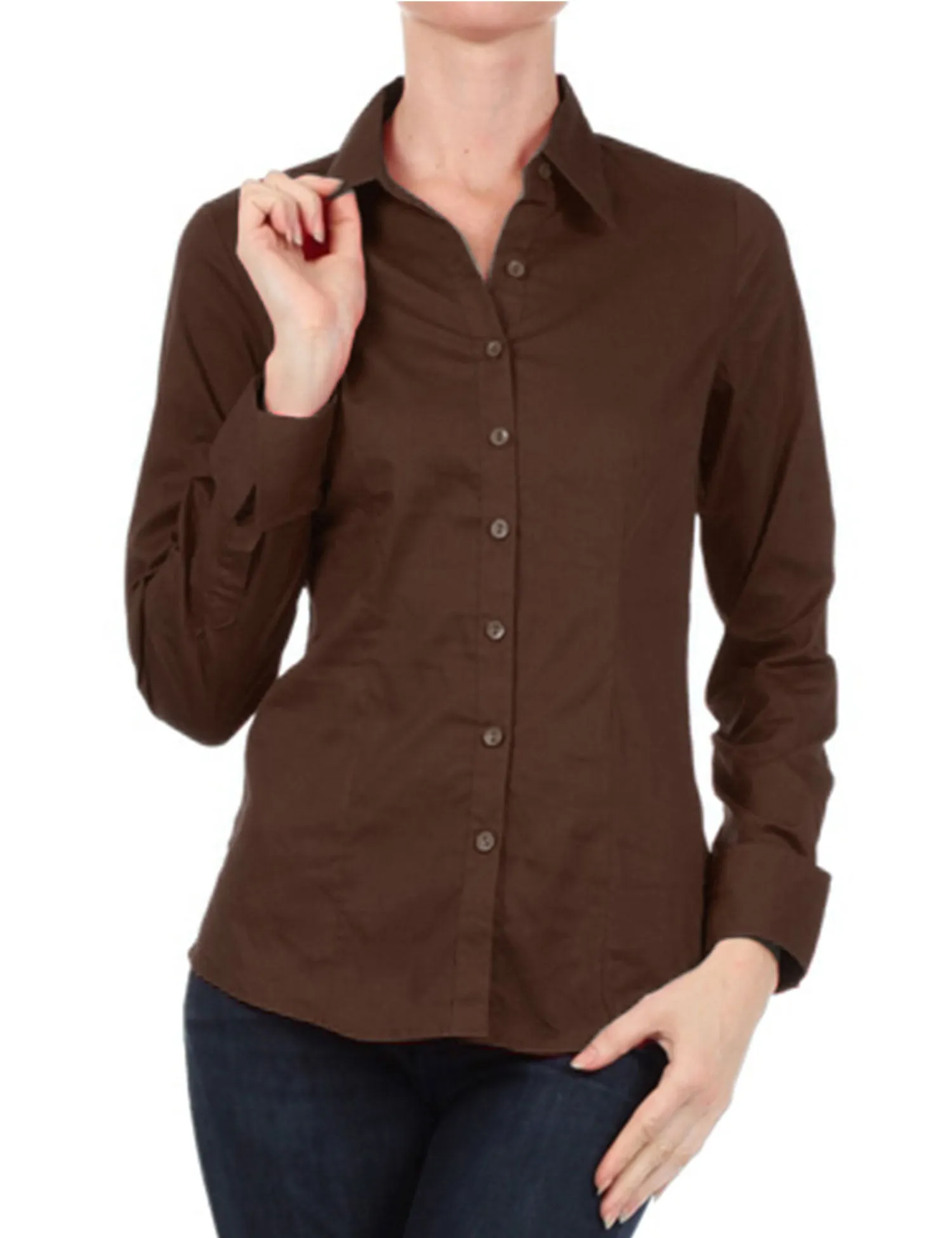 Women's Solid Long Sleeve Button Down Office Blouse Dress Shirt (S-3X)
