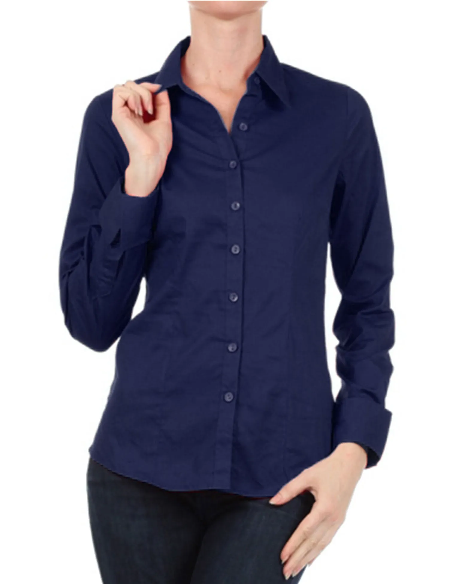 Women's Solid Long Sleeve Button Down Office Blouse Dress Shirt (S-3X)