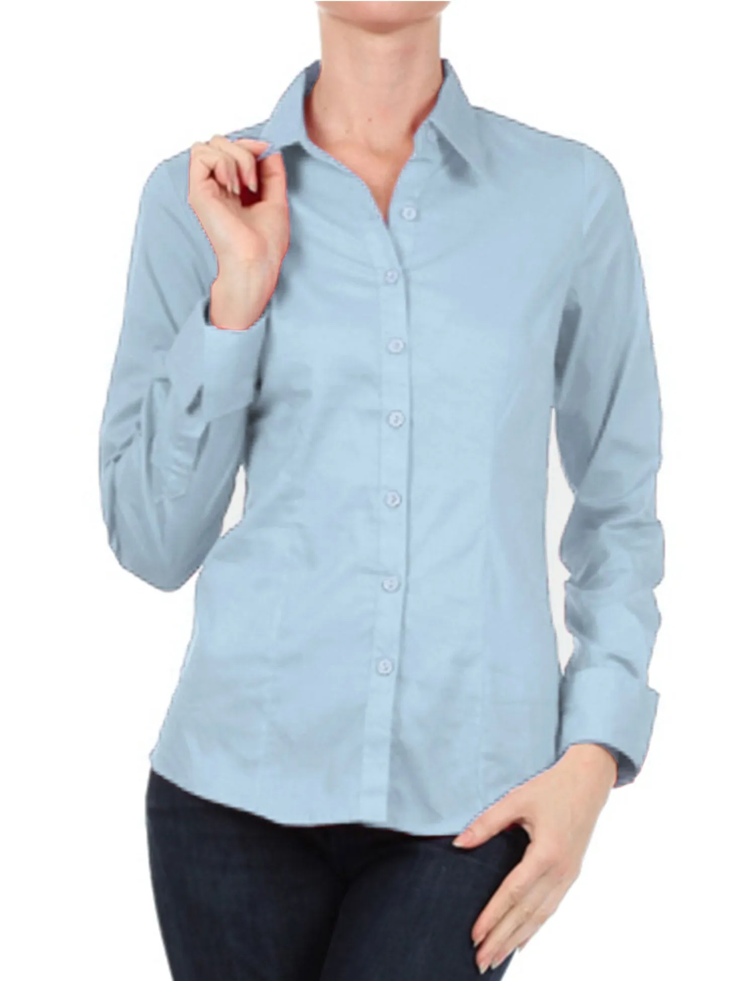 Women's Solid Long Sleeve Button Down Office Blouse Dress Shirt (S-3X)