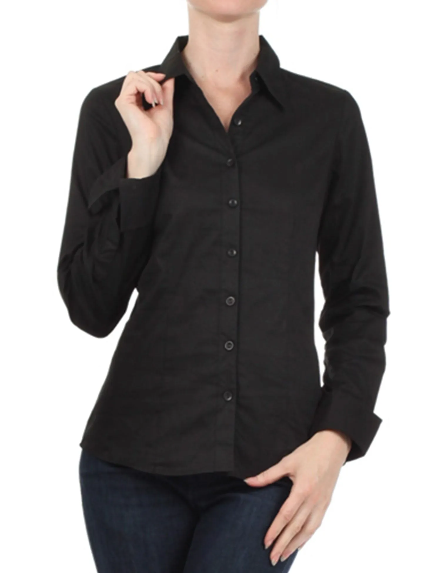 Women's Solid Long Sleeve Button Down Office Blouse Dress Shirt (S-3X)