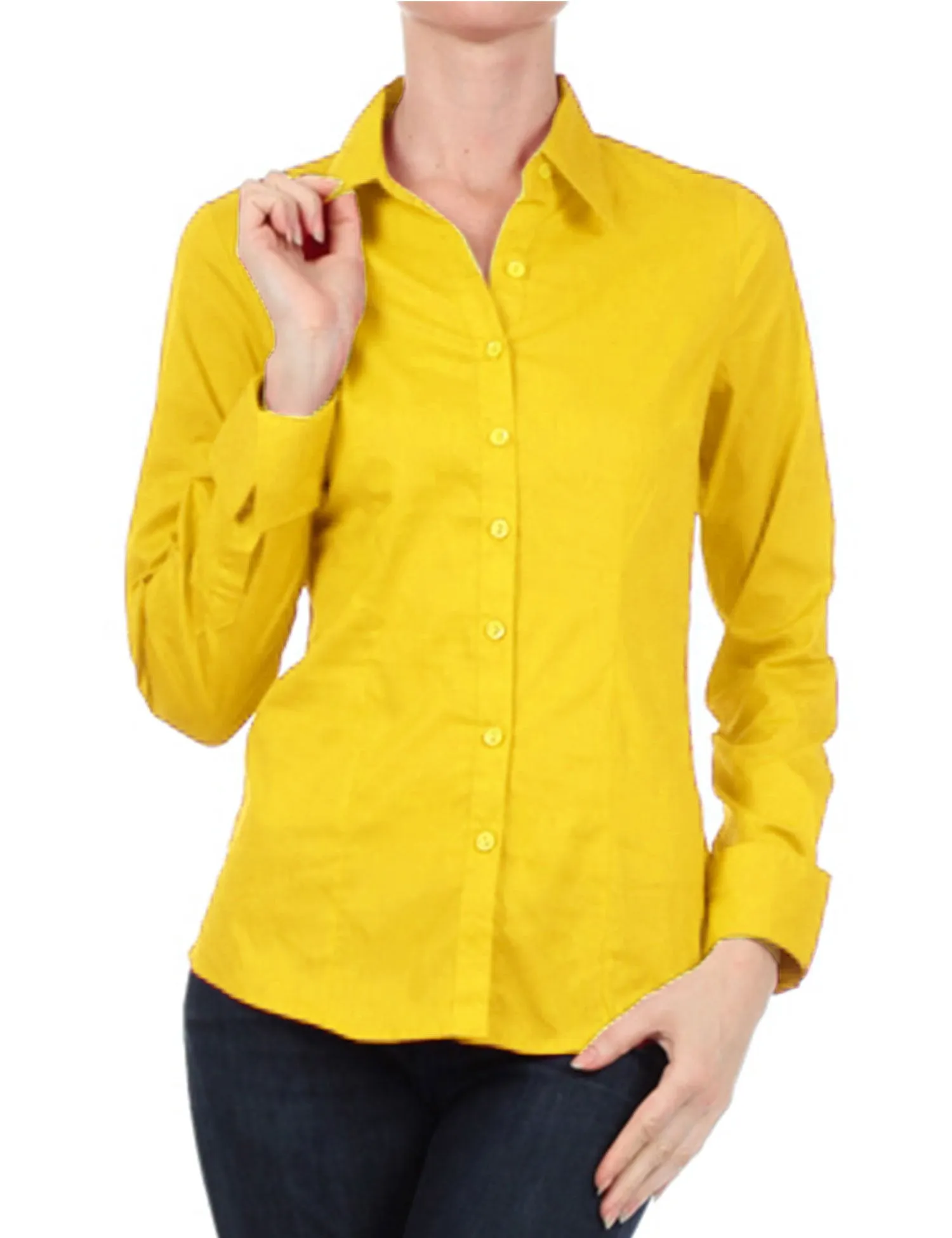 Women's Solid Long Sleeve Button Down Office Blouse Dress Shirt (S-3X)