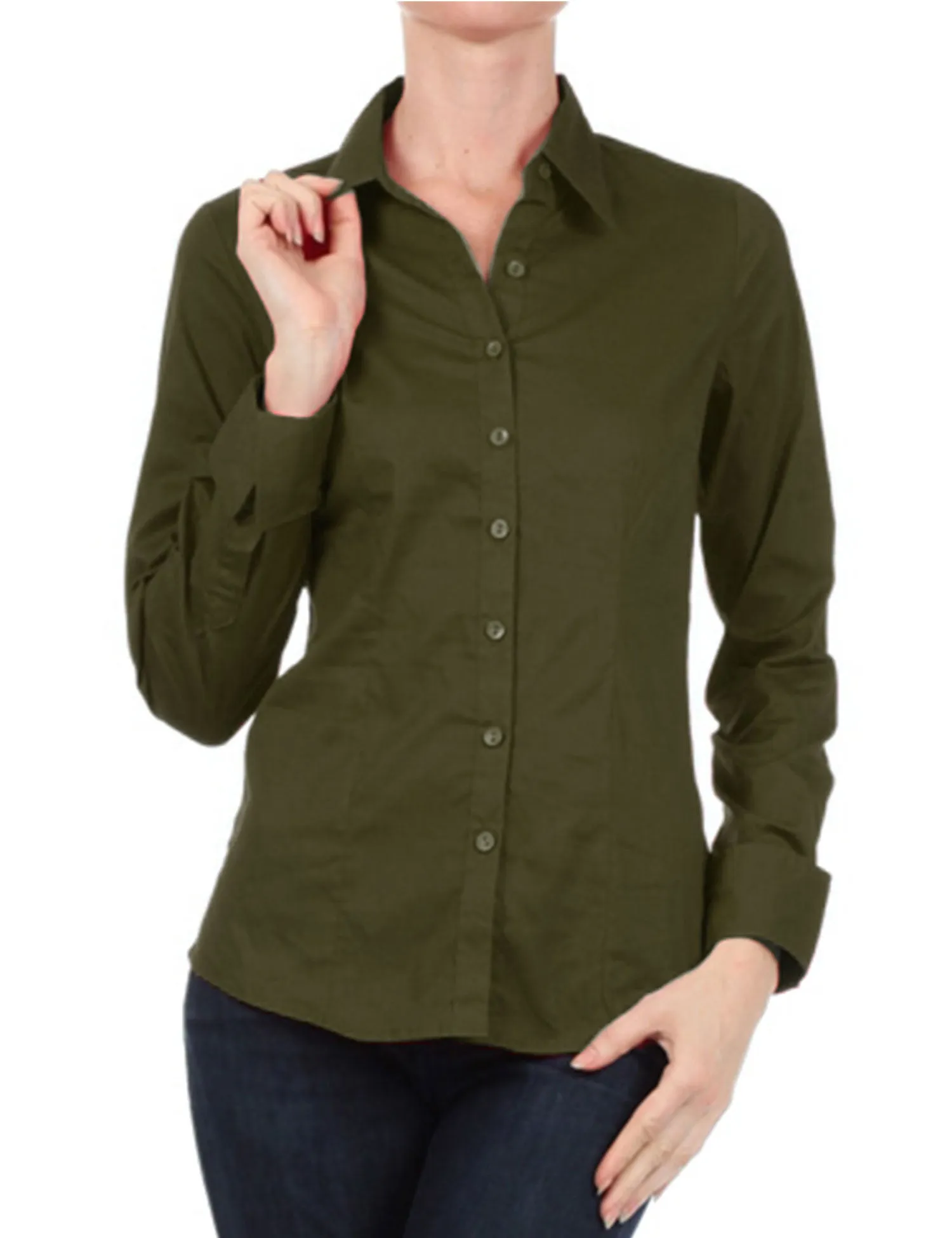 Women's Solid Long Sleeve Button Down Office Blouse Dress Shirt (S-3X)