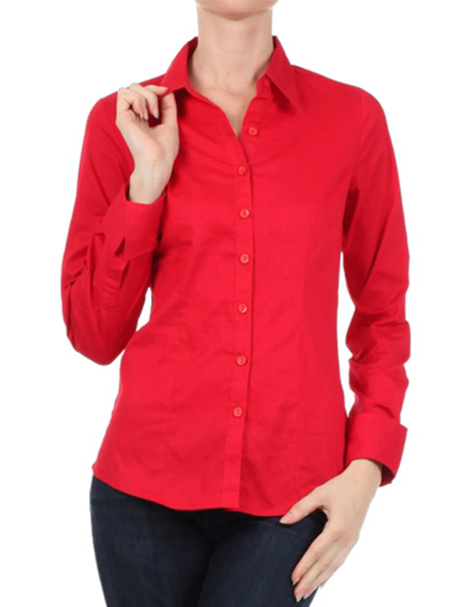 Women's Solid Long Sleeve Button Down Office Blouse Dress Shirt (S-3X)