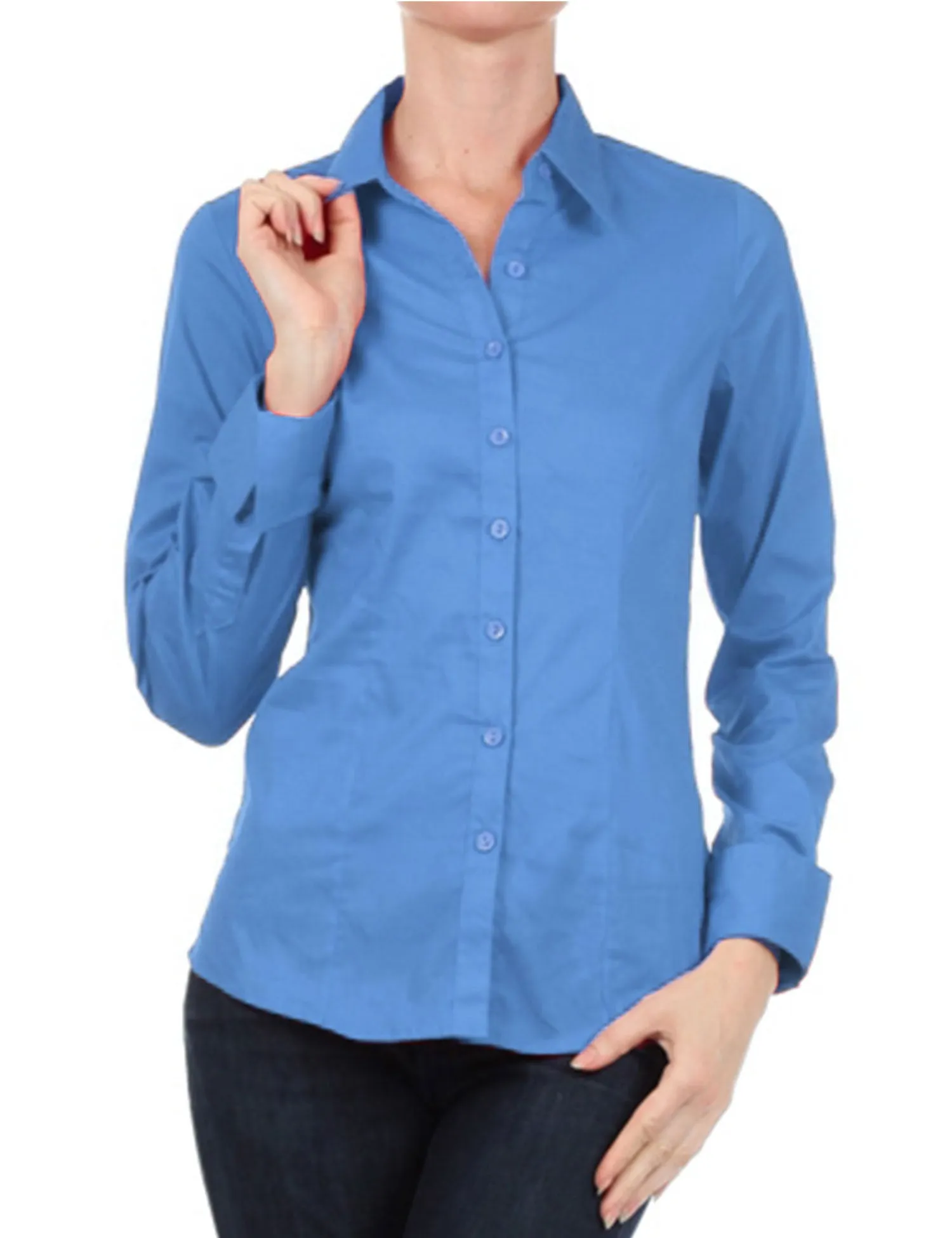 Women's Solid Long Sleeve Button Down Office Blouse Dress Shirt (S-3X)