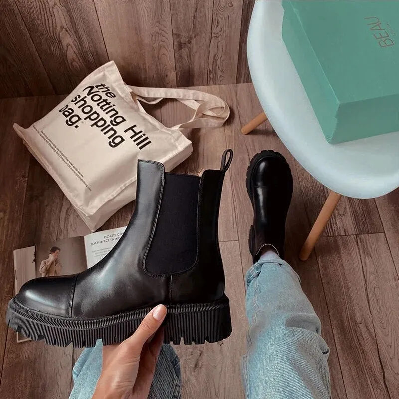 Women's Square Heel Lolita Boots – Luxury Designer Chelsea Ankle Boots with Round Toe, Low Heel for Spring & Autumn Fashion